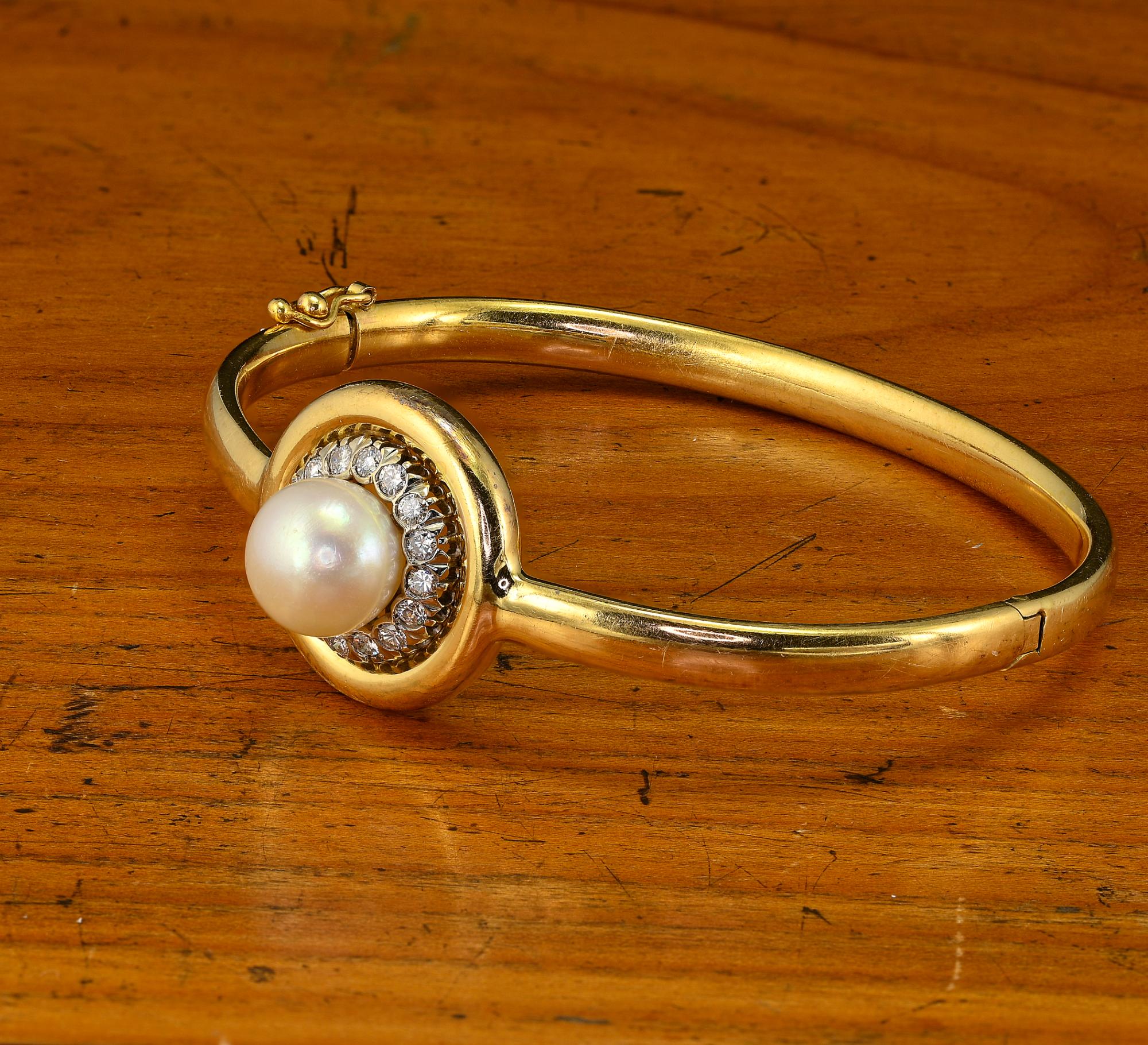Art Deco Perle Diamant 18 KT Armreif Damen im Angebot