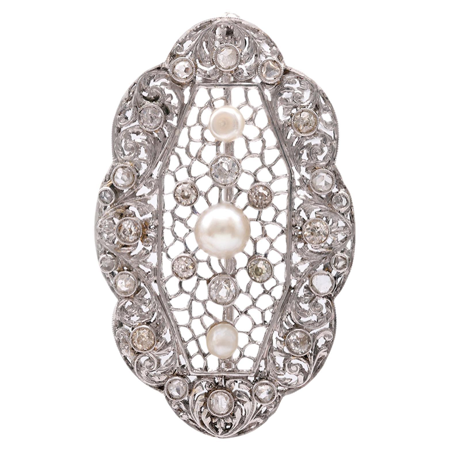 Pendentif broche convertible Art déco en or blanc 18 carats avec perles et diamants