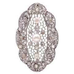 Pendentif broche convertible Art déco en or blanc 18 carats avec perles et diamants
