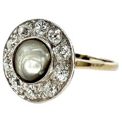 Art Deco Pearl Diamond 9 Karat White Gold Target Ring