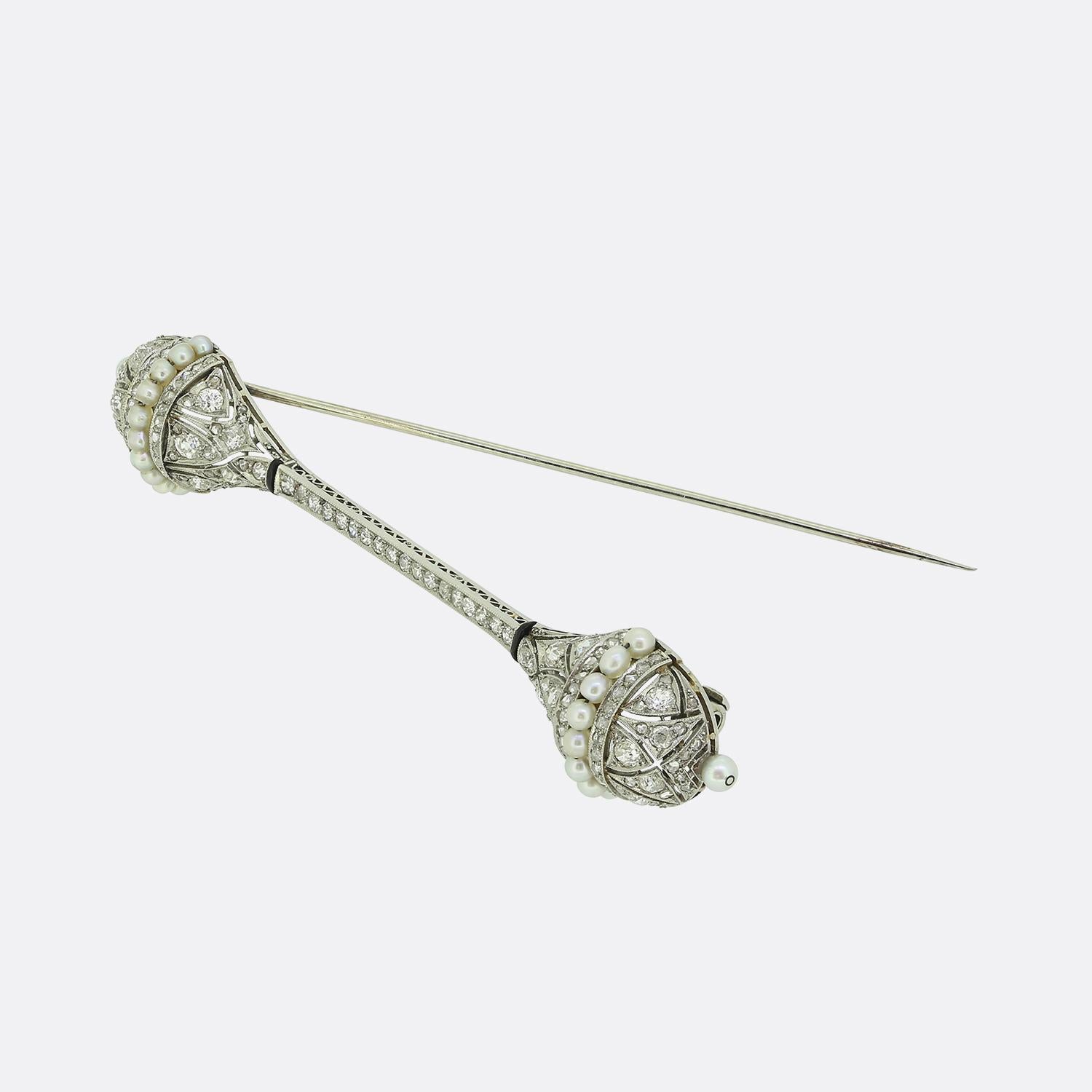 Round Cut Art Deco Pearl Diamond and Enamel Brooch For Sale