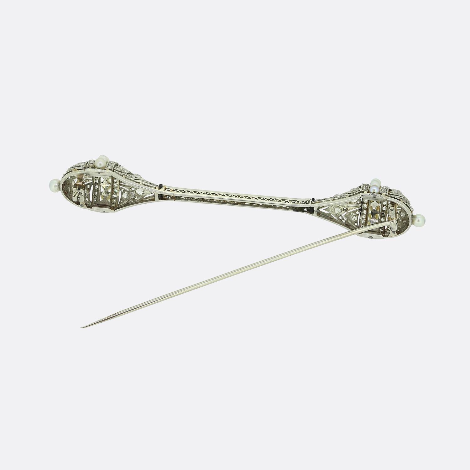 Art Deco Pearl Diamond and Enamel Brooch In Good Condition For Sale In London, GB