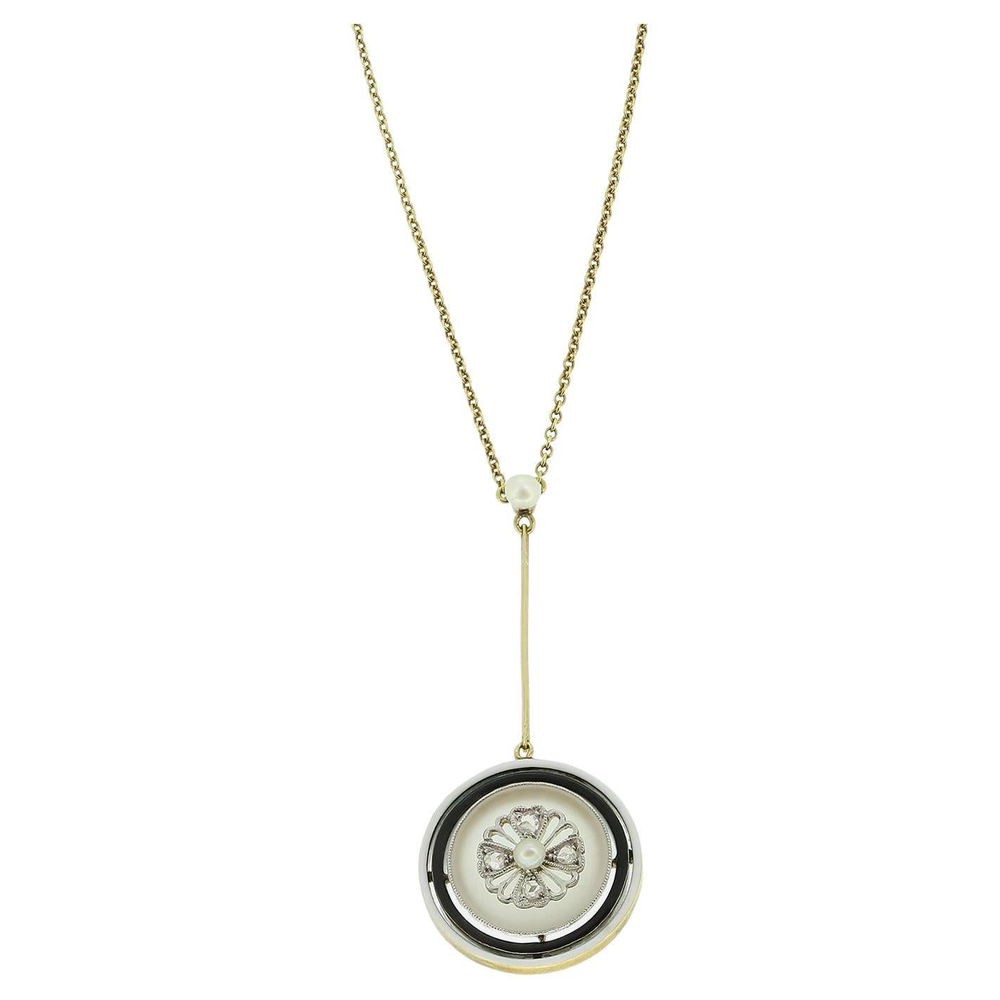 Collier à pendentifs en perles, diamants et onyx de style Art Déco en vente