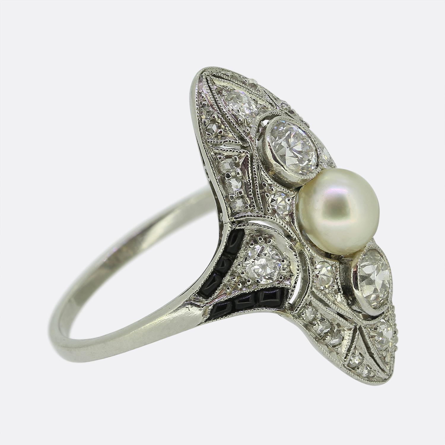 Old European Cut Art Deco Pearl Diamond and Onyx Tablet Ring For Sale