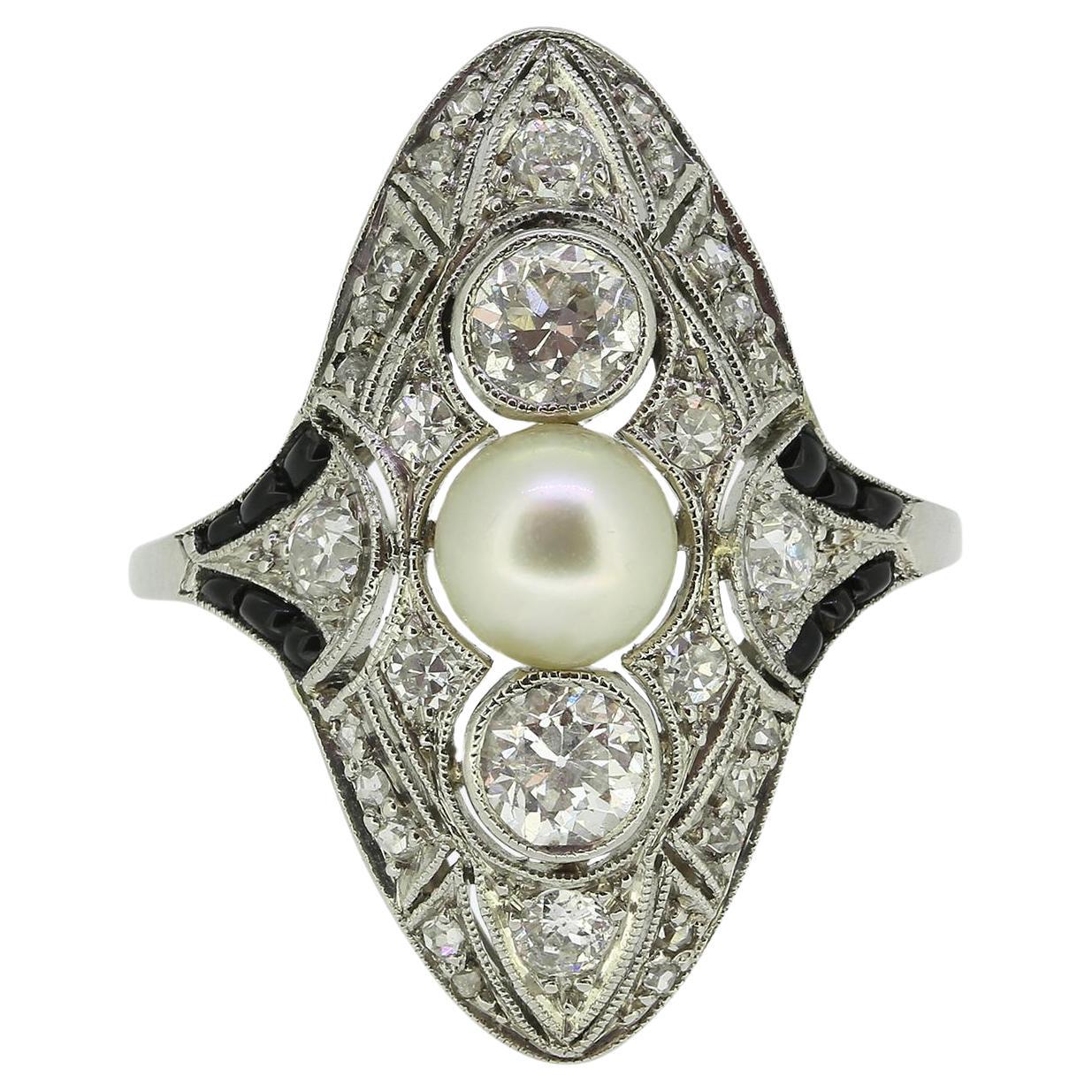 Art Deco Pearl Diamond and Onyx Tablet Ring