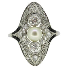 Art Deco Pearl Diamond and Onyx Tablet Ring