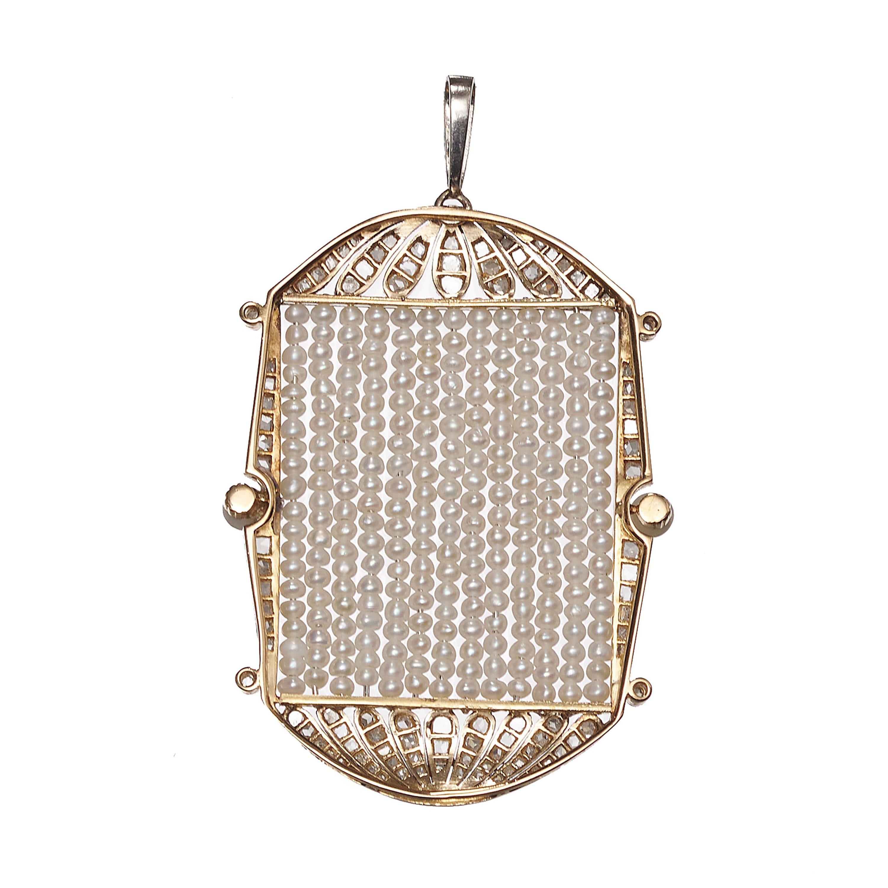 Art-Déco-Anhänger aus Platin mit Perlen, Diamanten und Platin, um 1930 (Rosenschliff) im Angebot