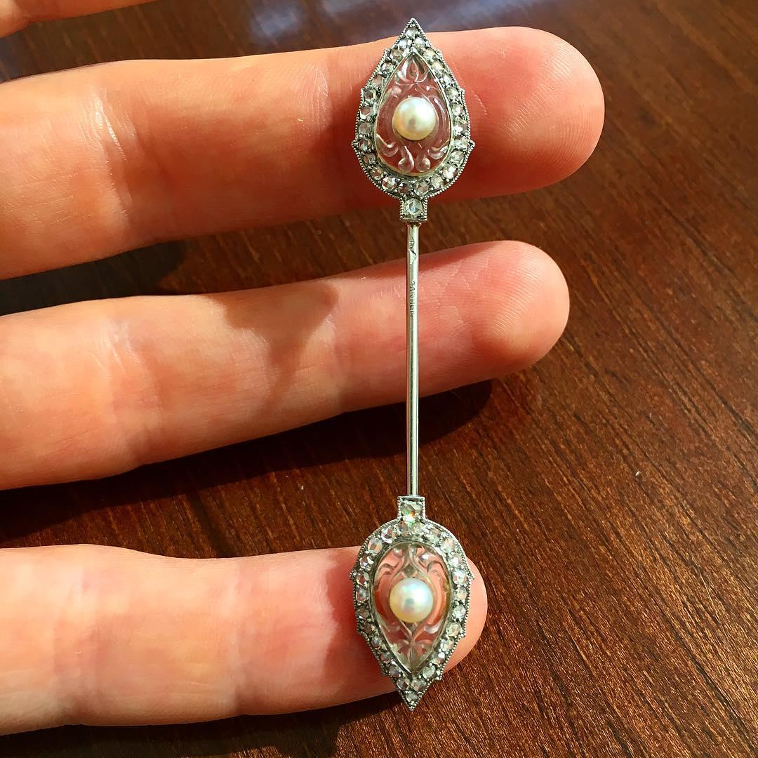 Art Deco Pearl, Diamond and Rock Crystal Jabot Pin by Cartier Paris In Excellent Condition In London, GB
