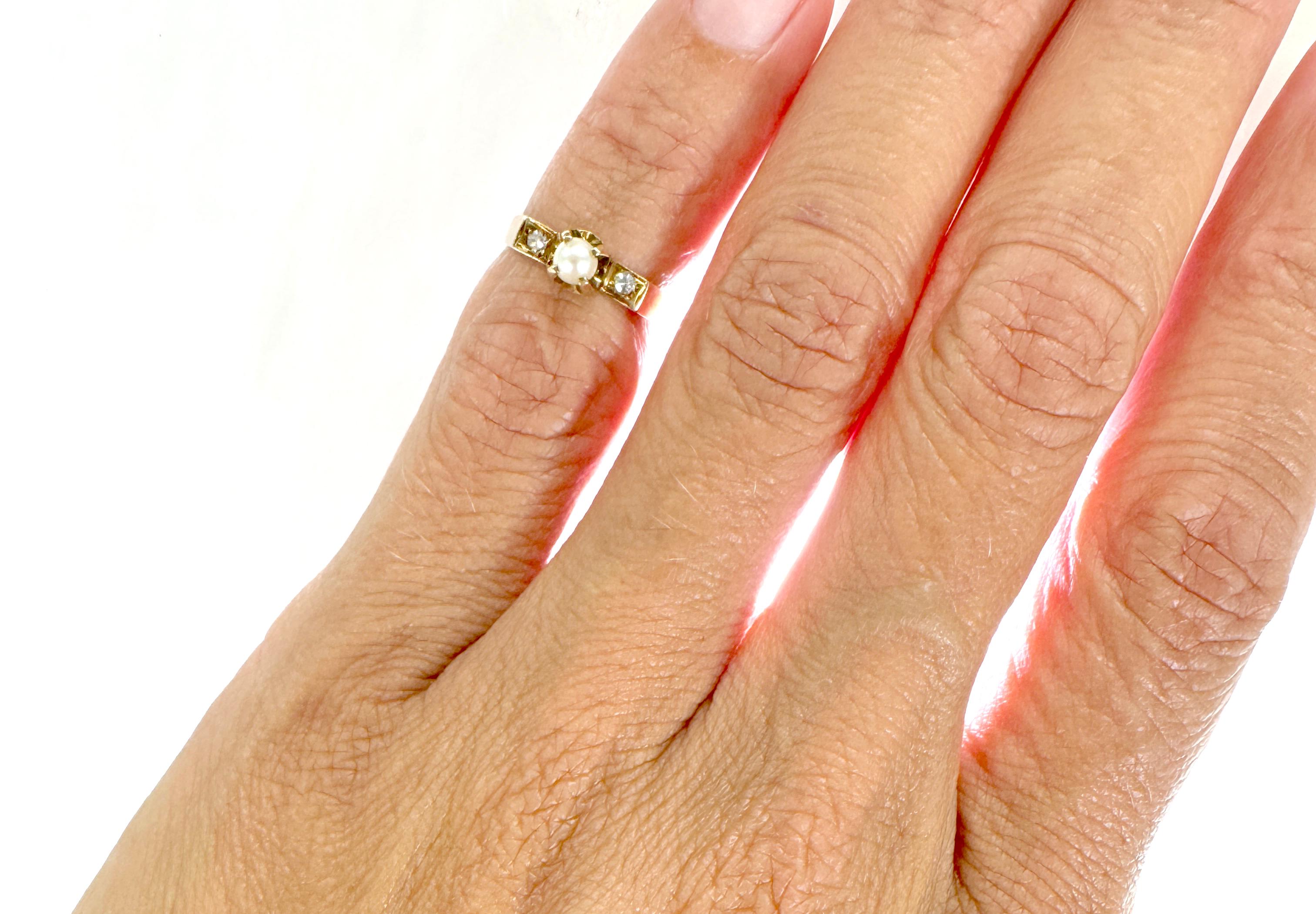  Bague pour bébé Art déco des années 1930 en or jaune 14 carats avec perles et diamants, taille gratuite Pour femmes 