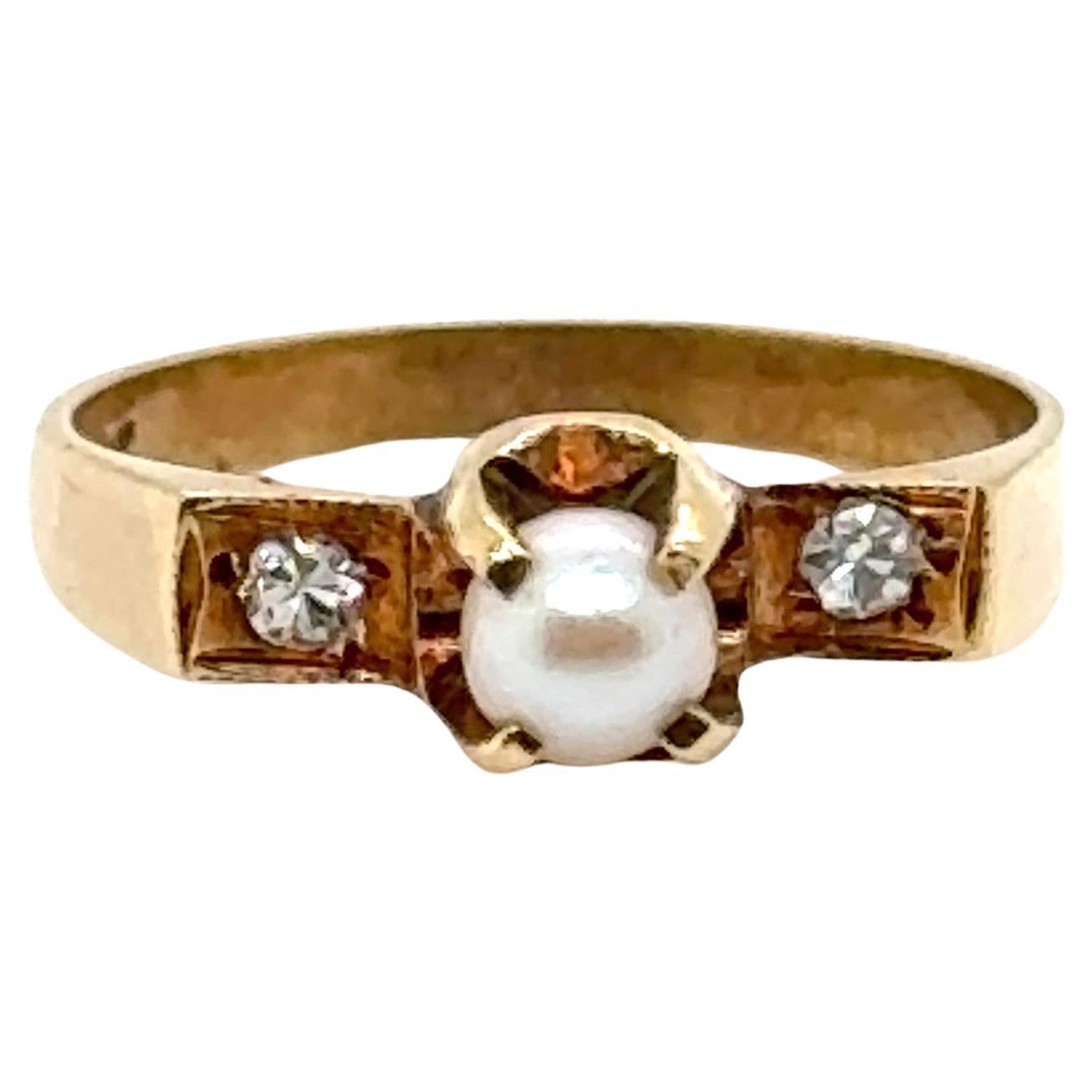 Art Deco Pearl Diamond Baby Ring Original 1930's 14K Yellow Gold FREE SIZING