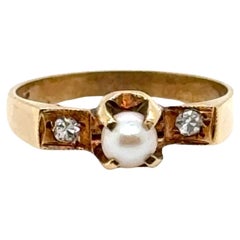 Anello Art Deco con perla e diamante per bambini originale degli anni '30 in oro giallo 14 carati DIMENSIONE GRATUITA