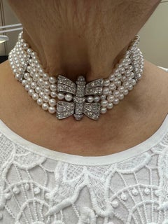 Art Deco Pearl Diamond Platinum Choker Collar Necklace