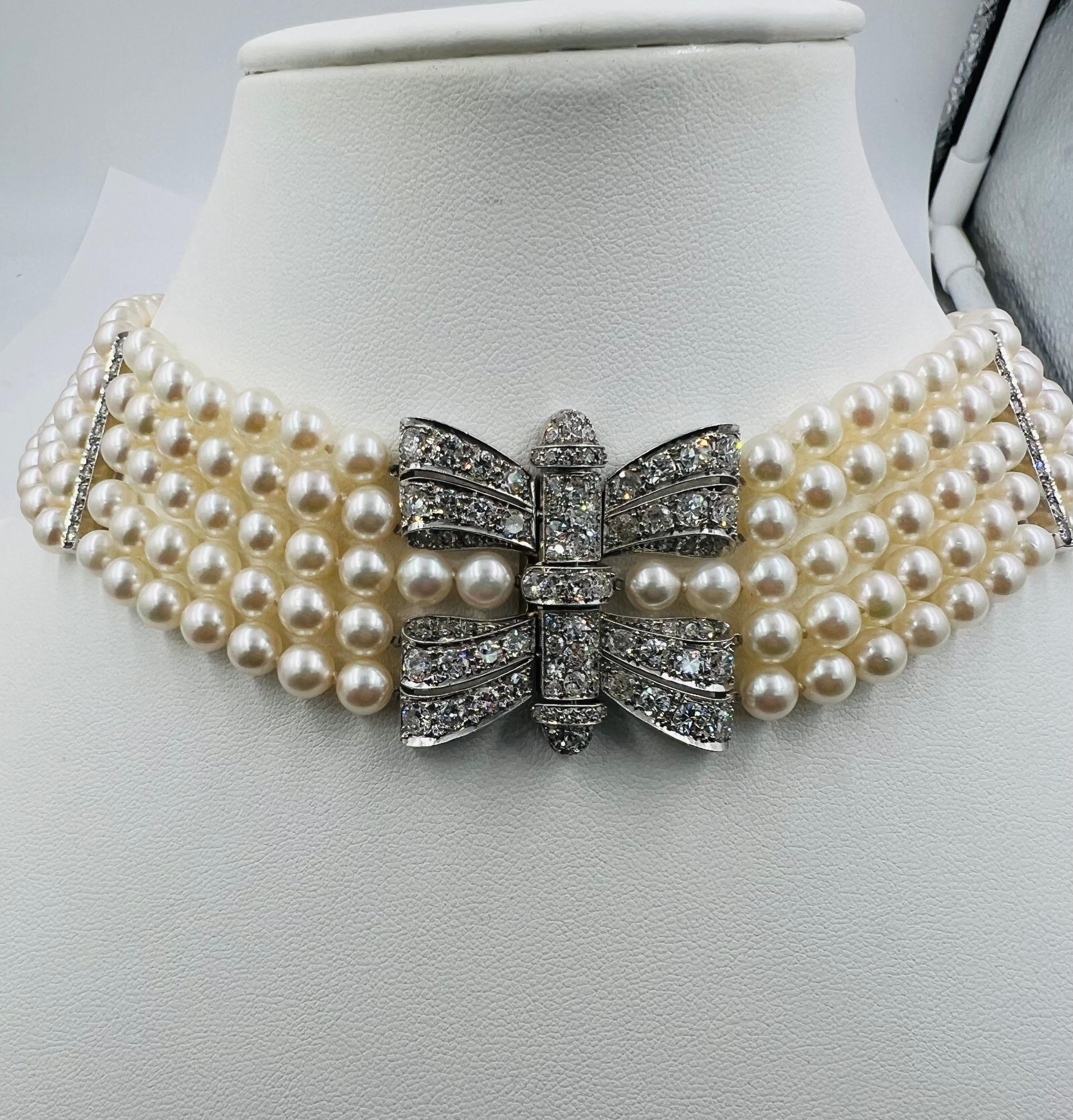 Round Cut Art Deco Pearl Diamond Platinum Choker Collar Necklace For Sale