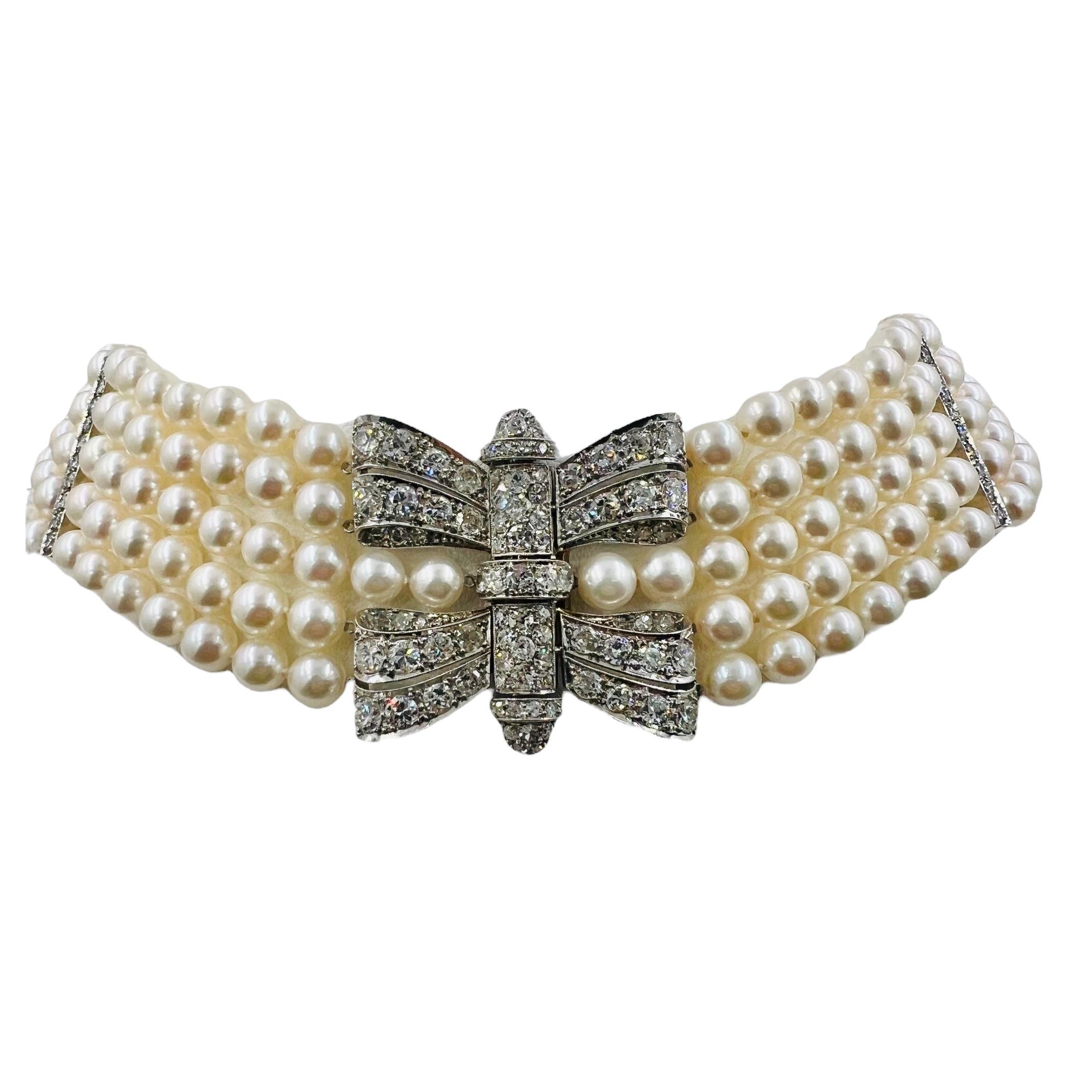 Collier ras du cou Art Déco en perles, diamants et platine