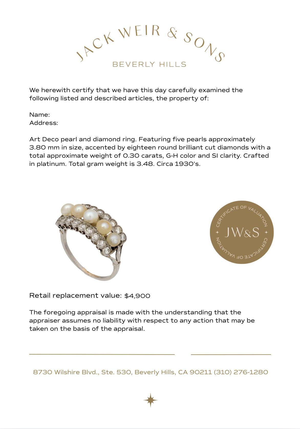 Art Deco Perlen Diamant Platin Ring Damen im Angebot