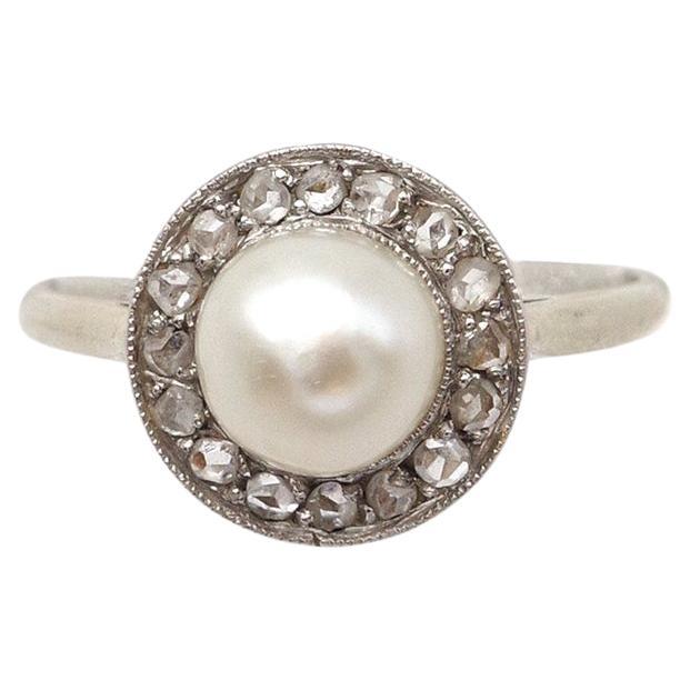 Art Deco pearl diamond ring in 18k gold, circular ring, Rose cut diamond, certif