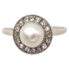 Art Deco pearl diamond ring in 18k gold, circular ring, Rose cut diamond, certif