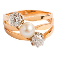 Bague trilogie Art déco en or jaune 18 carats avec perles et diamants de 0,62 carat et 0,68 carat