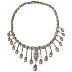 Art Deco Style Pearl Diamond White Gold Necklace