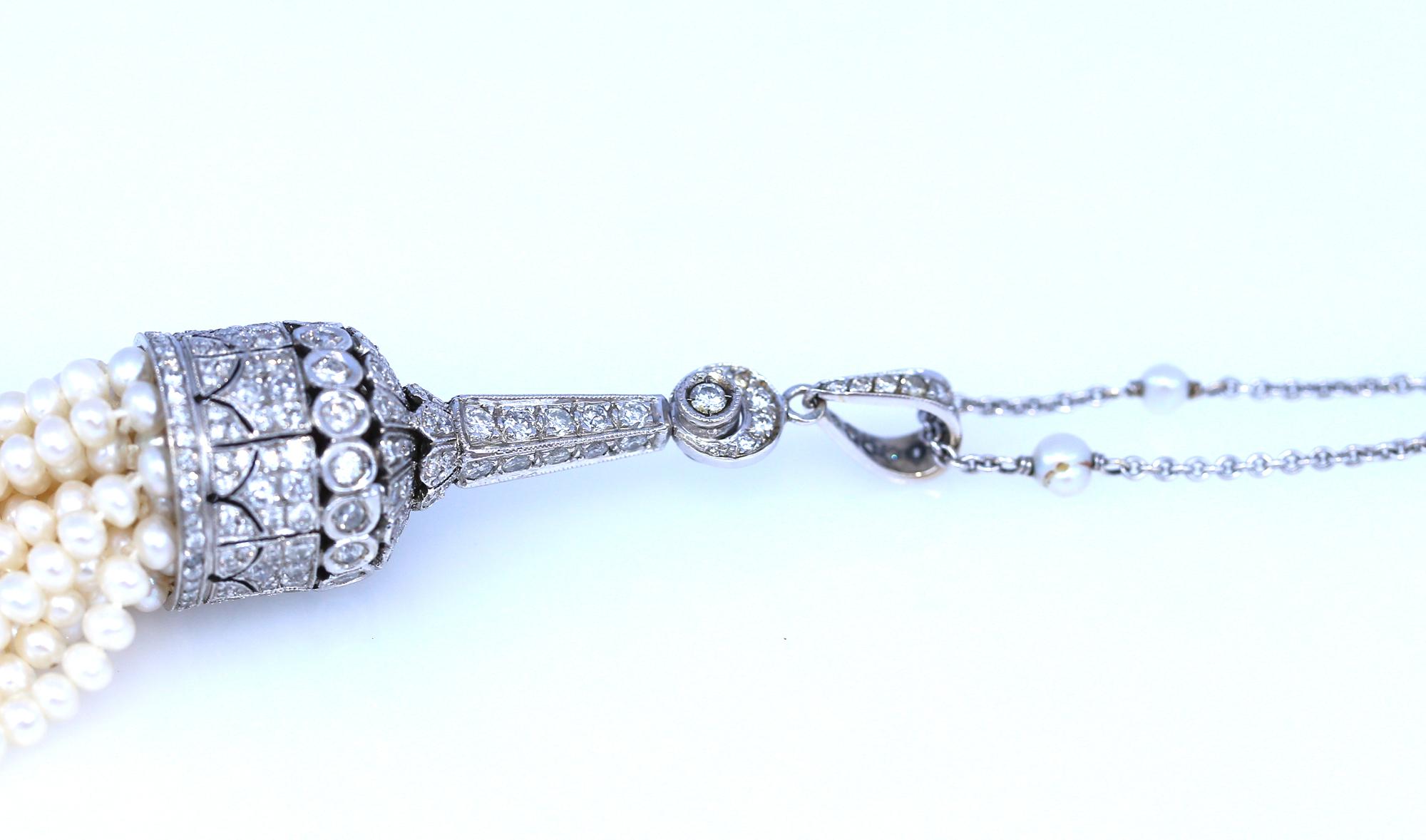 Women's Art Deco Pearl Diamonds Tassel Necklace Chain 18 Karat Gold, 1920