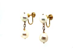 Art Deco Pearl Drop Clip On Earrings 14K Yellow Gold 9mm Antique Original 1940's