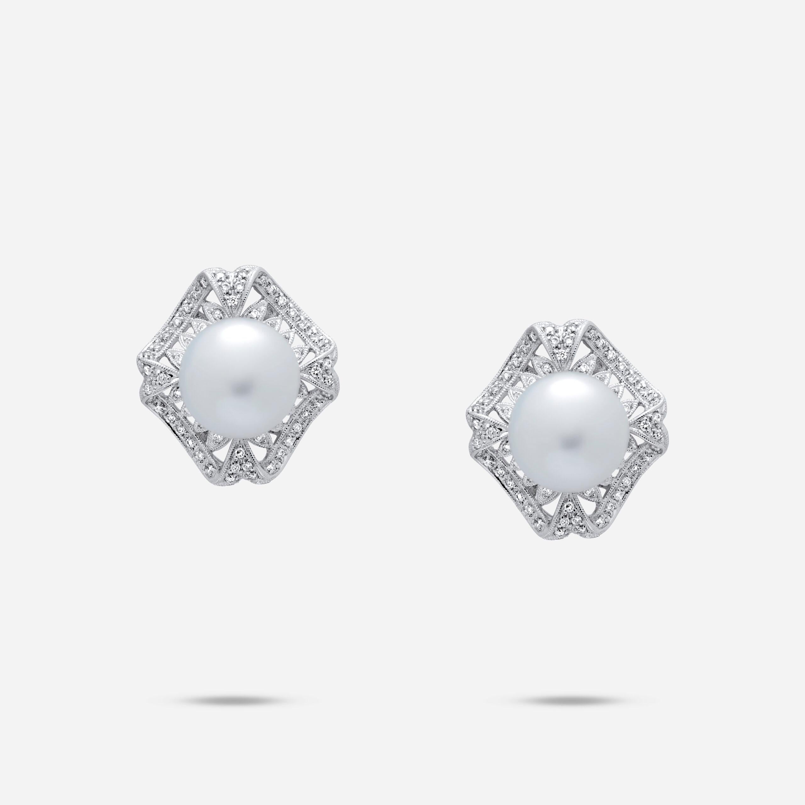 Round Cut Art Deco White Round South Sea Pearl Pave Diamond Halo White Gold Hinge Earrings For Sale
