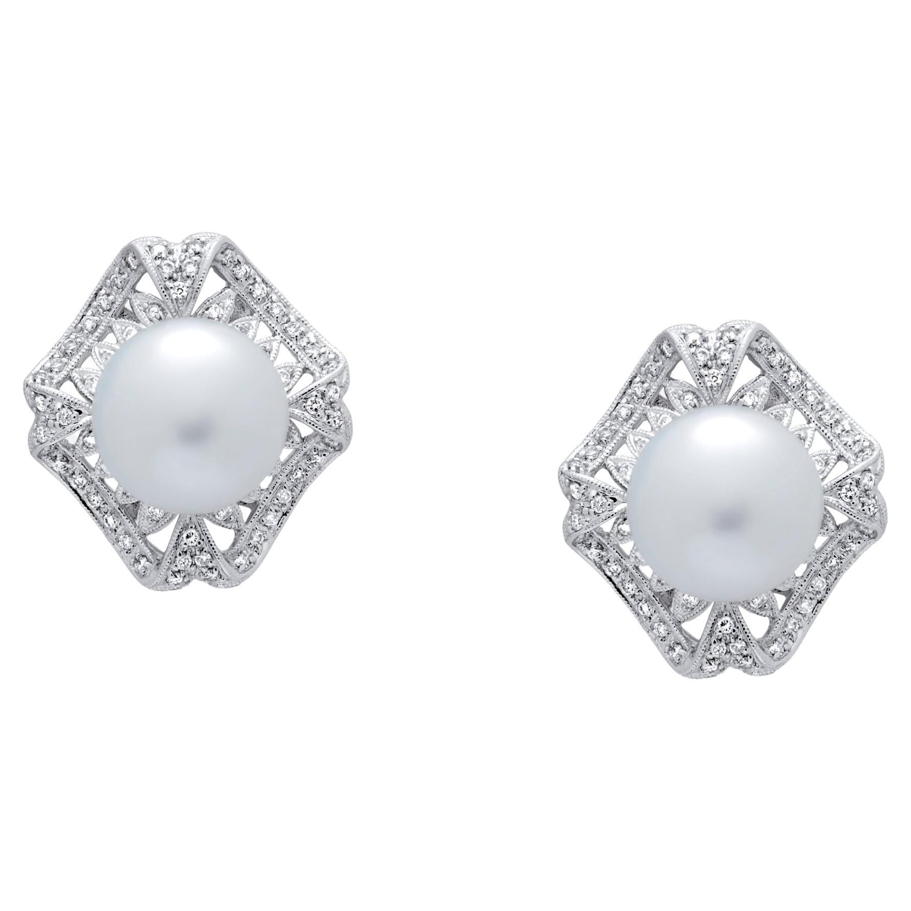 Art Deco White Round South Sea Pearl Pave Diamond Halo White Gold Hinge Earrings For Sale