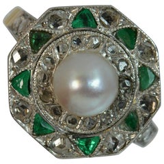 Art Deco Pearl Emerald and Diamond 18 Carat Gold Panel Cluster Ring