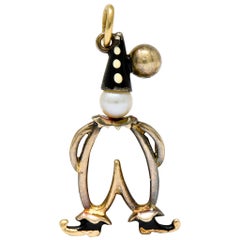 Antique Art Deco Pearl Enamel 14 Karat Gold Pierrot Clown Charm