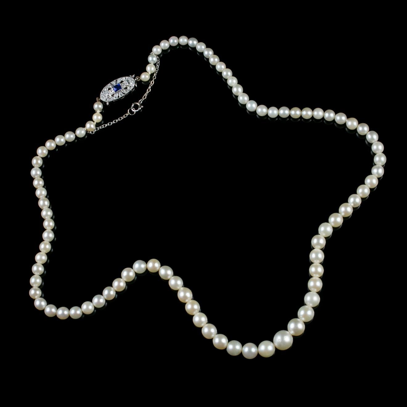 Women's Art Deco Pearl Necklace Sapphire Diamond Platinum Clasp, circa 1930 For Sale