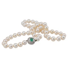 Art Deco Pearl Necklace with Diamond and Colombian Emerald Clasp
