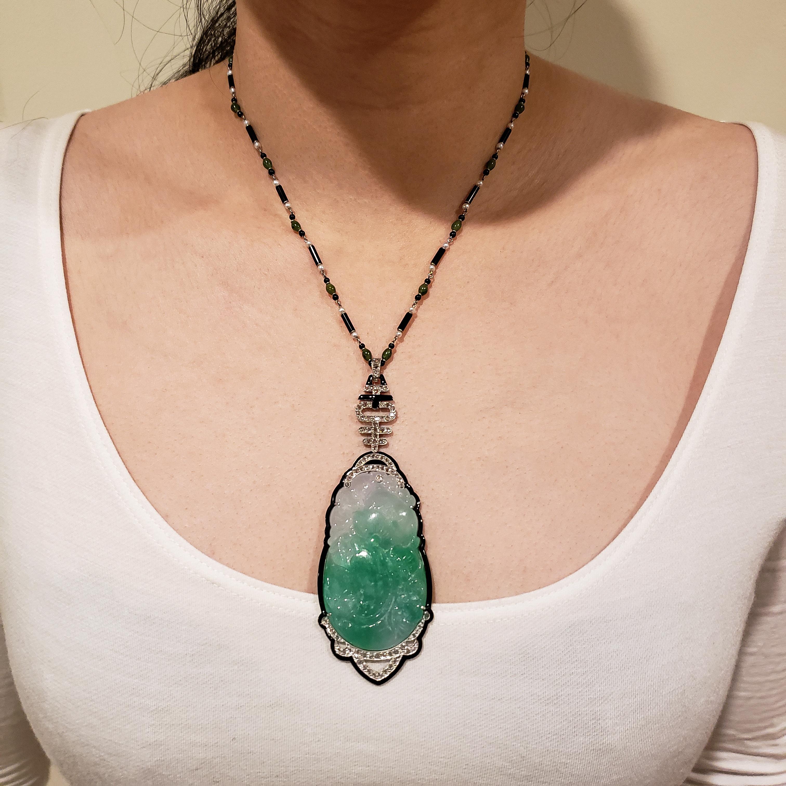 Halskette mit Anhänger aus Perlen, Onyx und Jade im Art déco-Stil im Angebot 2