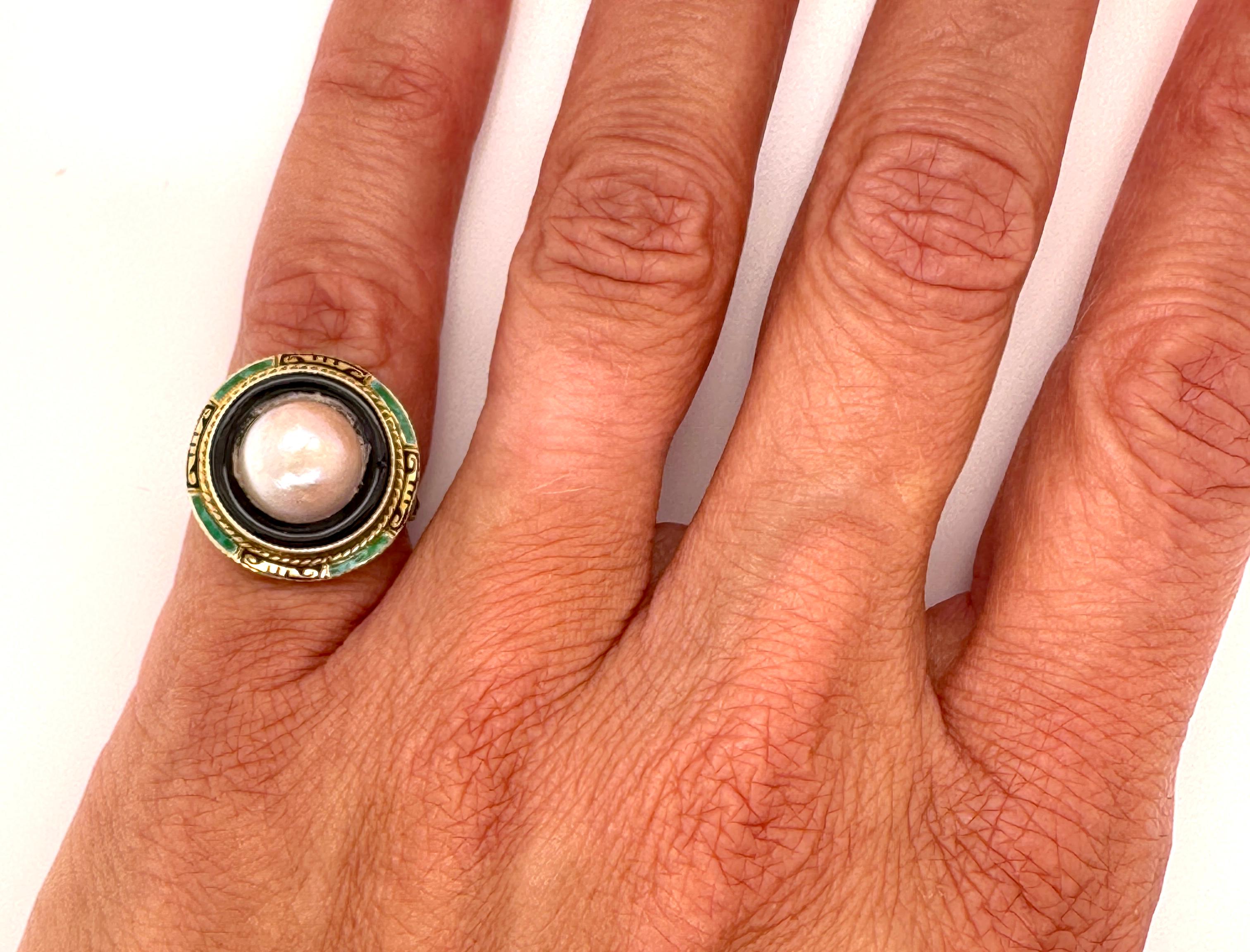 Women's Art Deco Pearl Onyx Enamel Ring Original 1920's Antique 14K Yellow Gold For Sale