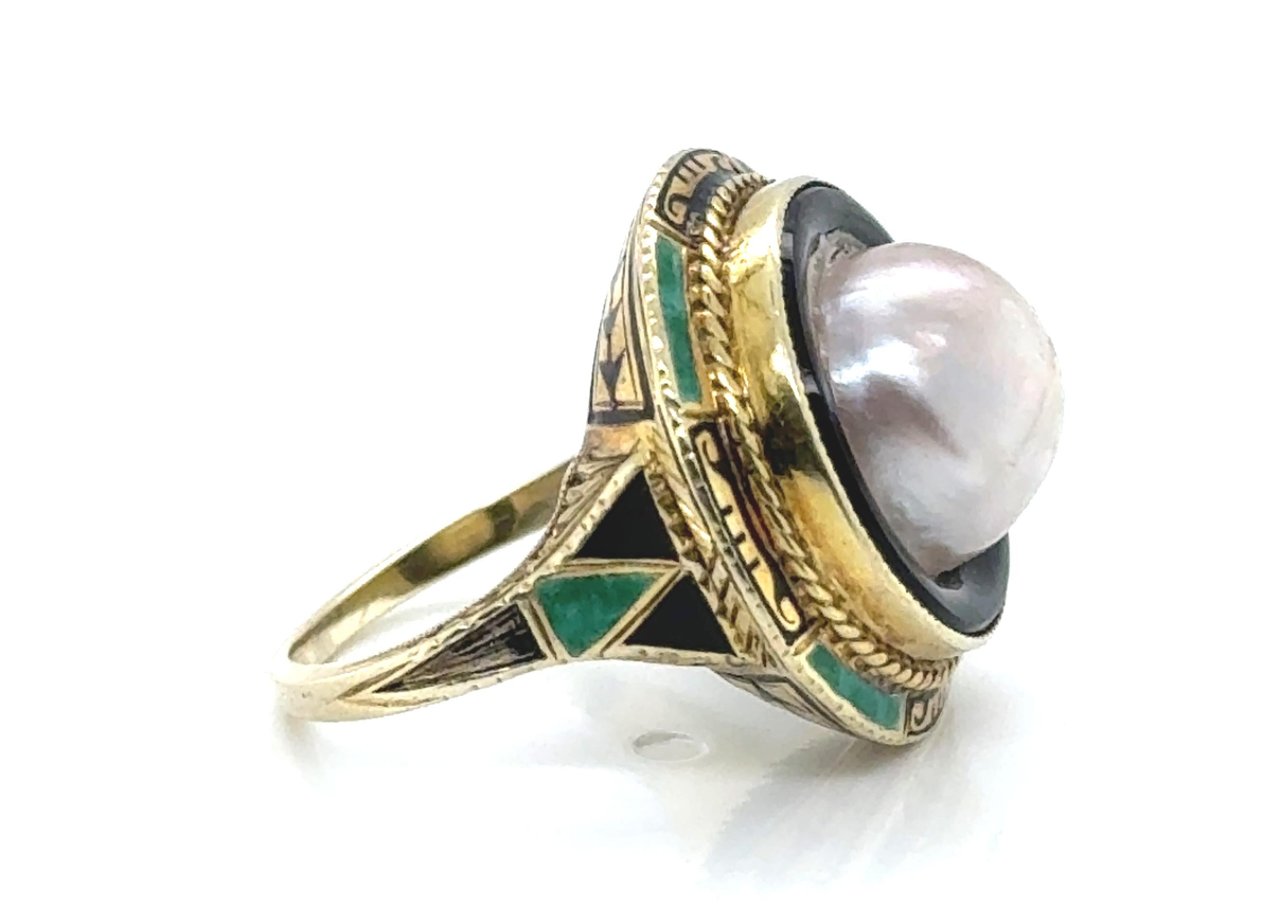Uncut Art Deco Pearl Onyx Enamel Ring Original 1920's Antique 14K Yellow Gold For Sale
