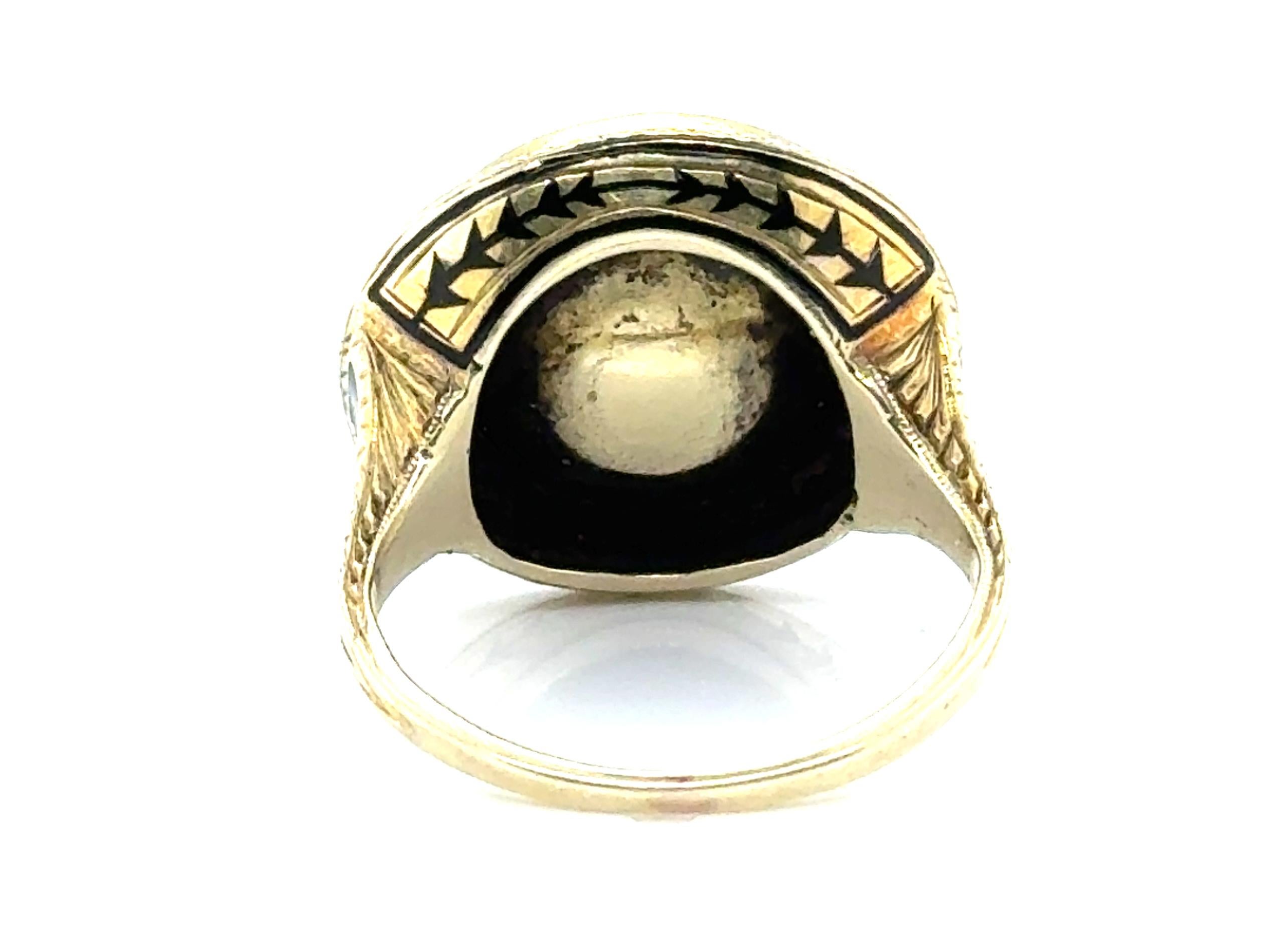Art Deco Pearl Onyx Enamel Ring Original 1920's Antique 14K Yellow Gold In Excellent Condition For Sale In Dearborn, MI