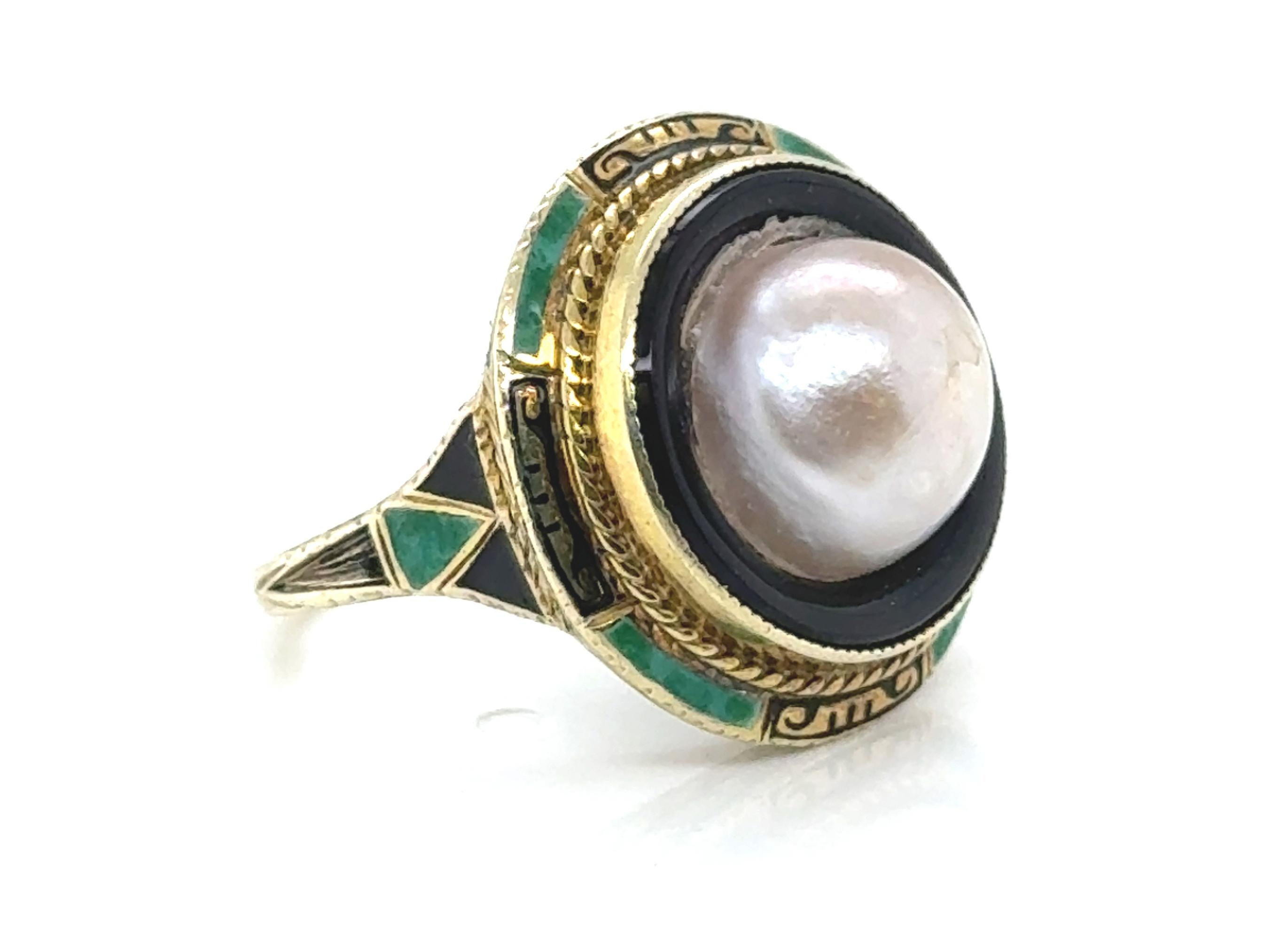 Art Deco Pearl Onyx Enamel Ring Original 1920
s Antique 14K Yellow Gold For Sale