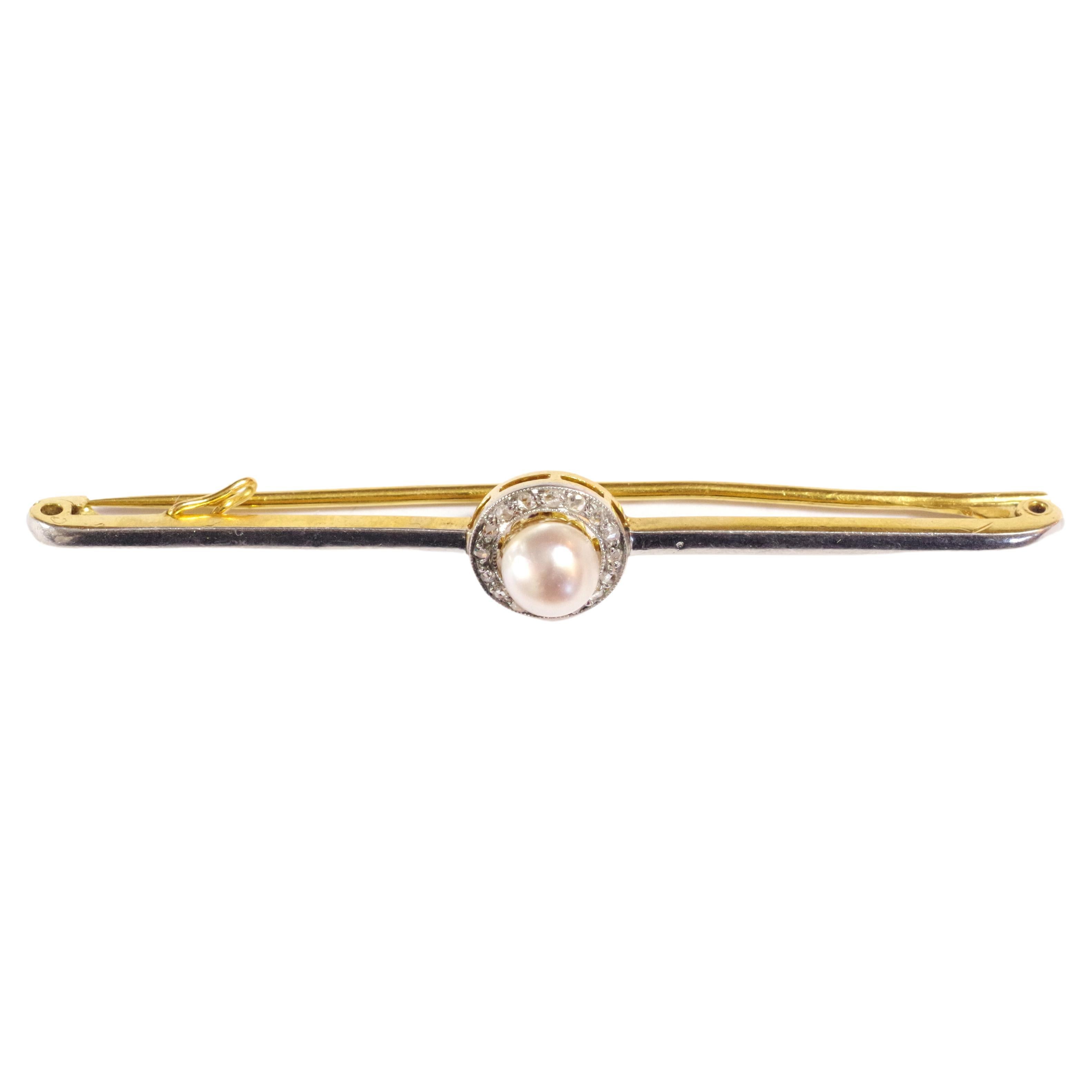 Art Deco Pearl Pin Brooch in 18k Gold