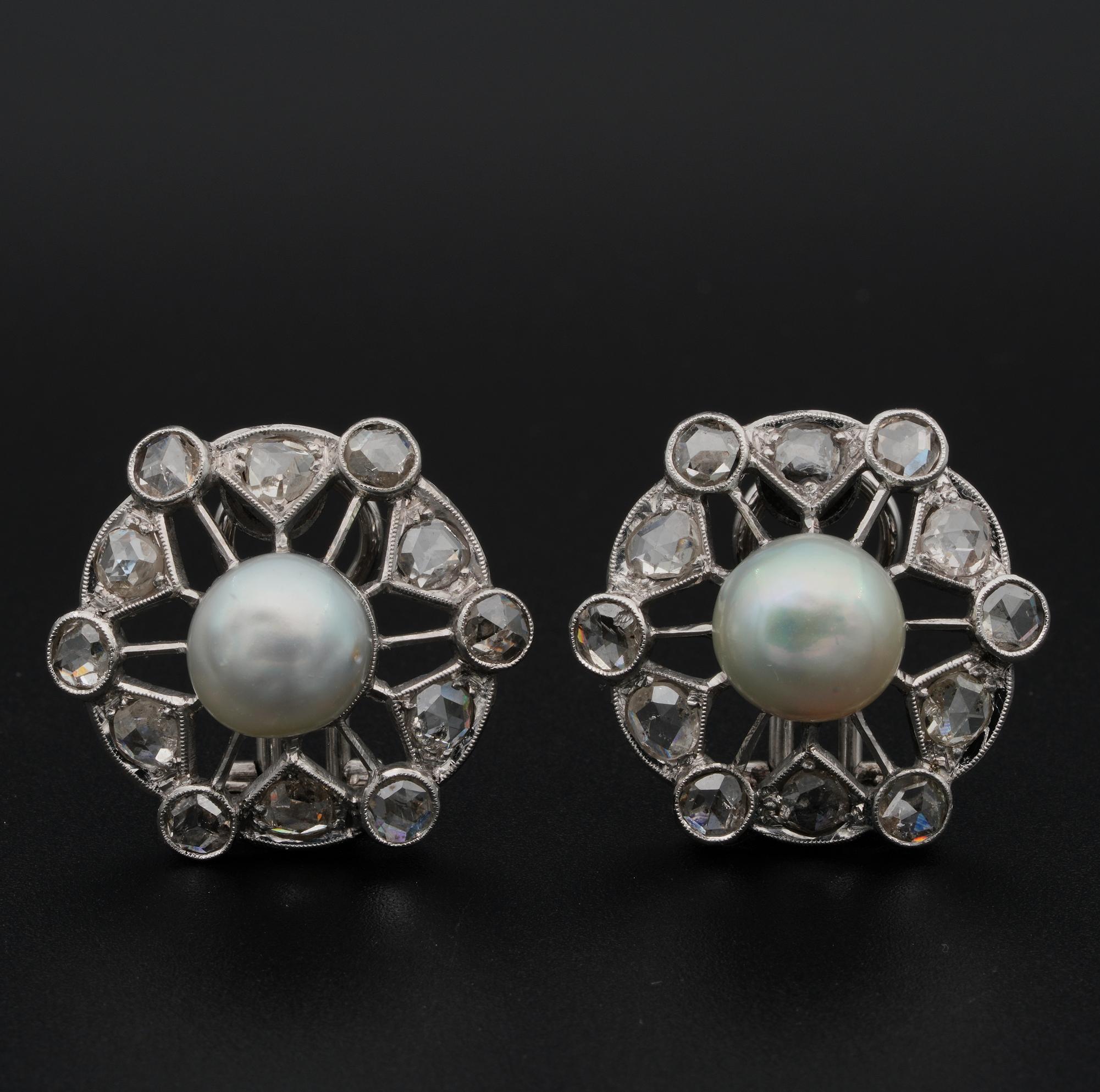Art Deco wide Diamond & Pearl earrings, 1930 ca.
Prizing beautiful design and fine workmanship of the era.
Hand crafted solid Platinum
Set with a selection of rose cut Diamonds and fantastic Pearl in the middle
Approx 3.0 Ct of Diamonds in total