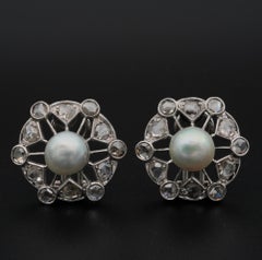 Art Deco Pearl Rose Cut Diamond Platinum Earrings