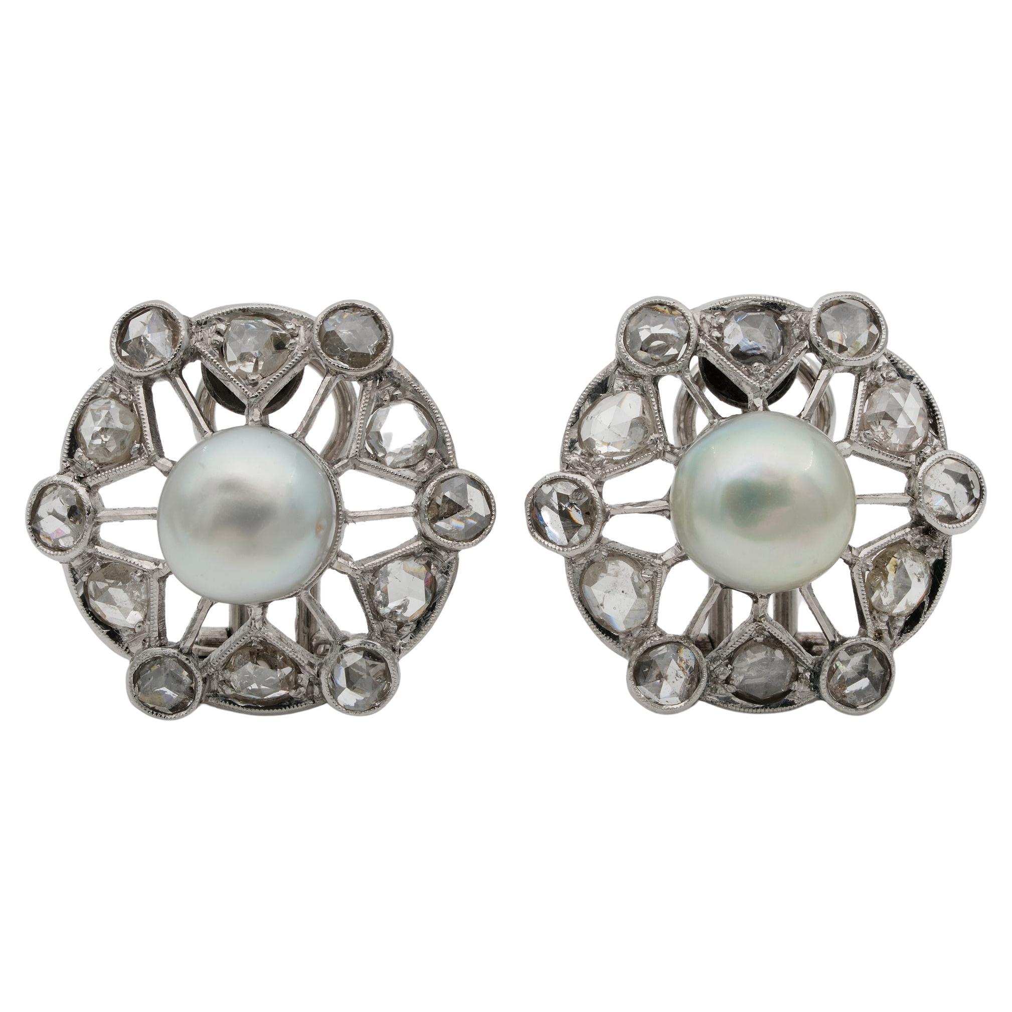 Art Deco Pearl Rose Cut Diamond Platinum Earrings