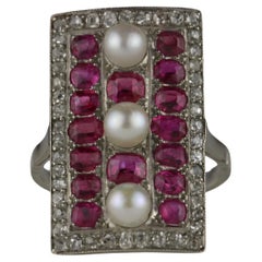 Art Deco Pearl Ruby and Diamond Dinner Ring
