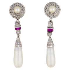 Art Deco Pearl, Ruby, and Diamond Drop Earrings