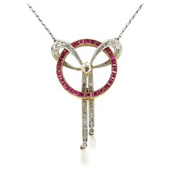 Art Deco Pearl Ruby and Diamond Drop Pendant Necklace