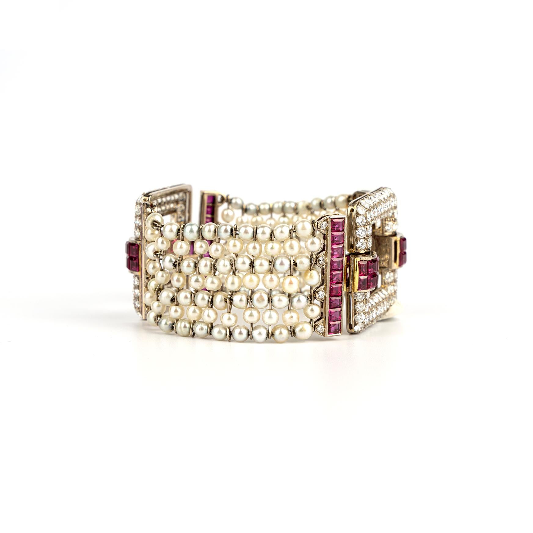 Mixed Cut  Art Deco Pearl, Ruby and Diamond Evening Bracelet For Sale