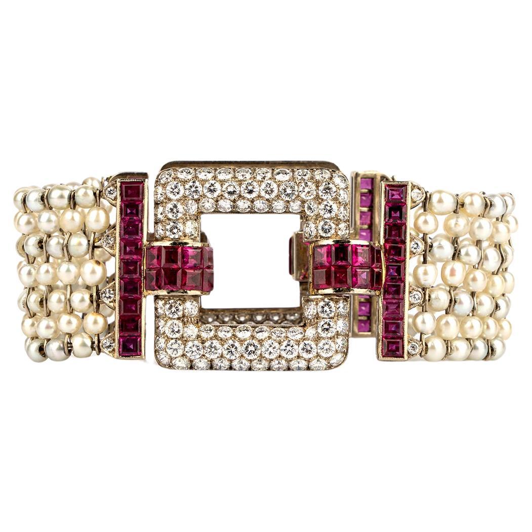  Art Deco Pearl, Ruby and Diamond Evening Bracelet For Sale