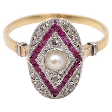 Art-Deco-Ring mit Perlen und Rubinen aus 18 Karat Gold und Platin, Art-Deco-Schmuck im Angebot