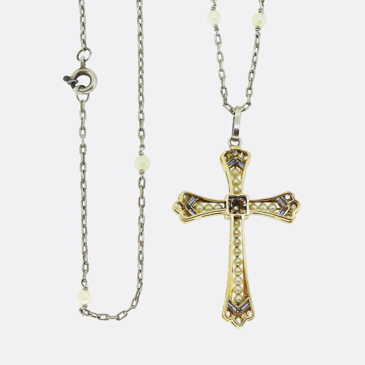 Round Cut Art Deco Pearl Sapphire and Diamond Cross Pendant Necklace For Sale