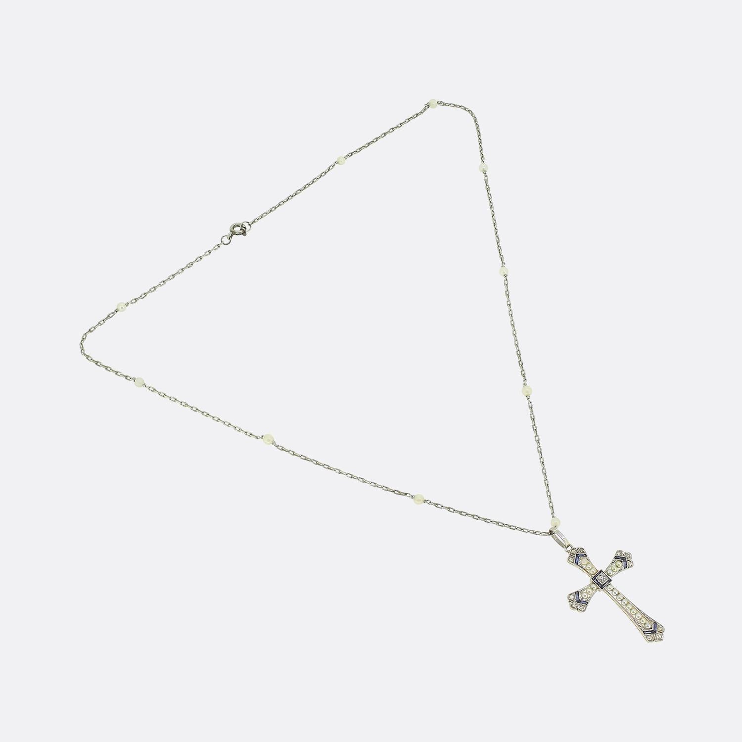 Art Deco Pearl Sapphire and Diamond Cross Pendant Necklace In Good Condition For Sale In London, GB