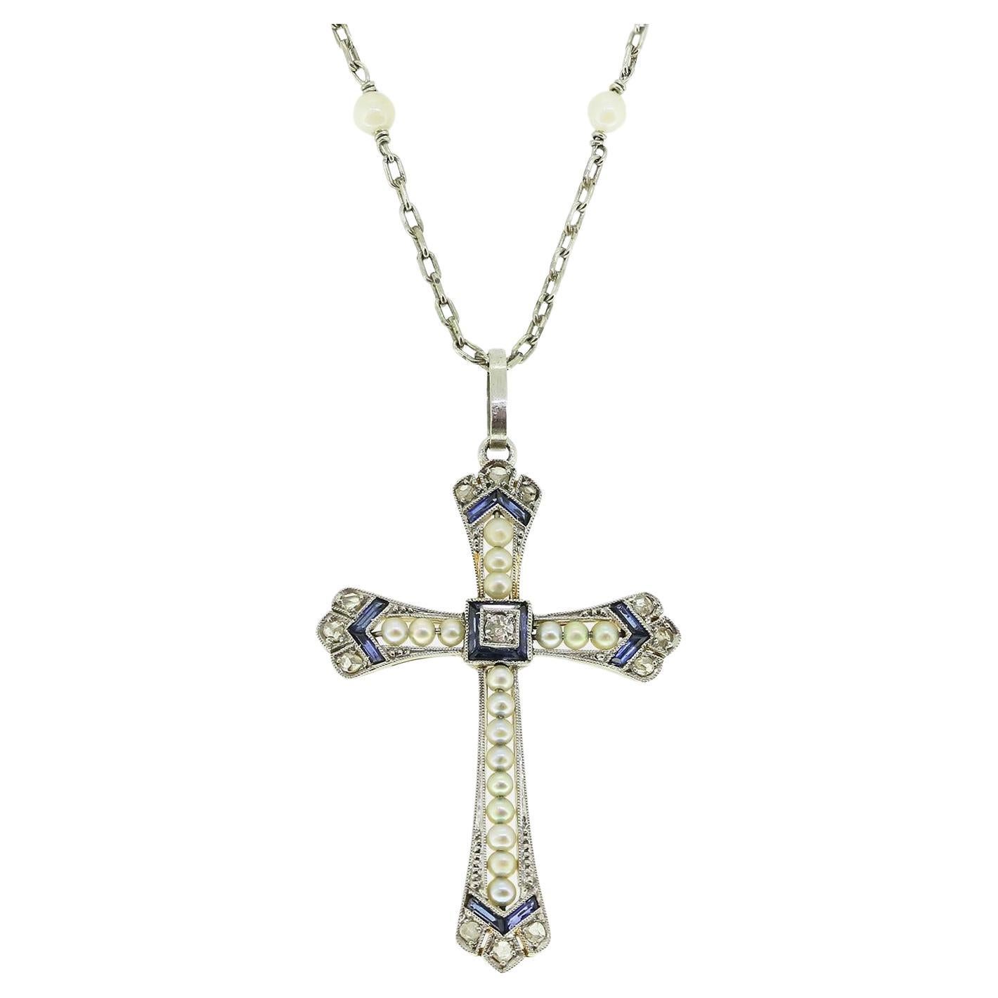 Art Deco Pearl Sapphire and Diamond Cross Pendant Necklace
