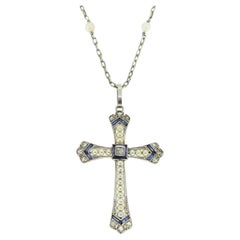 Antique Art Deco Pearl Sapphire and Diamond Cross Pendant Necklace